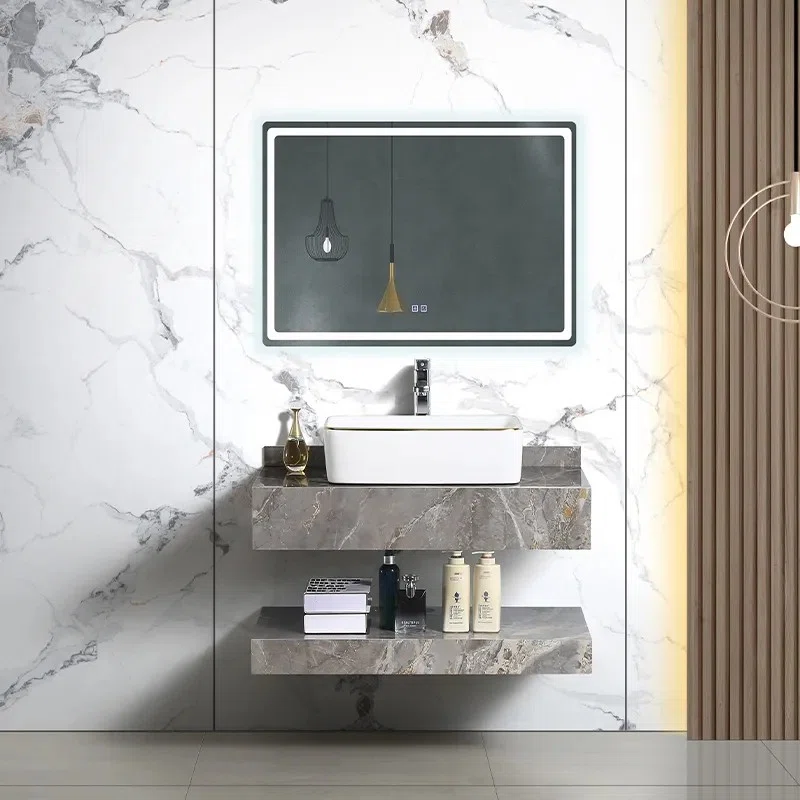 Modern Wall-Mounted Slate Bathroom Vanity with Open Storage and Countertop Ceramic Basin