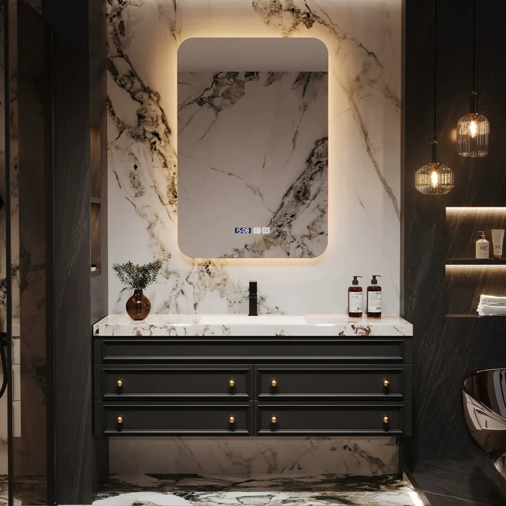 Vintage oak wall-mounted bathroom cabinet with marble countertop and double sinks