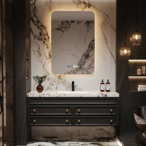 Vintage oak wall-mounted bathroom cabinet with marble countertop and double sinks