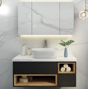 Modern Lacquer-free Board Countertop Ceramic Basin Bathroom Vanity with Drawers and Mirror