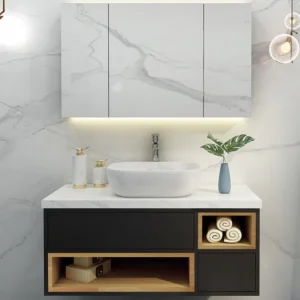 Modern Lacquer-free Board Countertop Ceramic Basin Bathroom Vanity with Drawers and Mirror