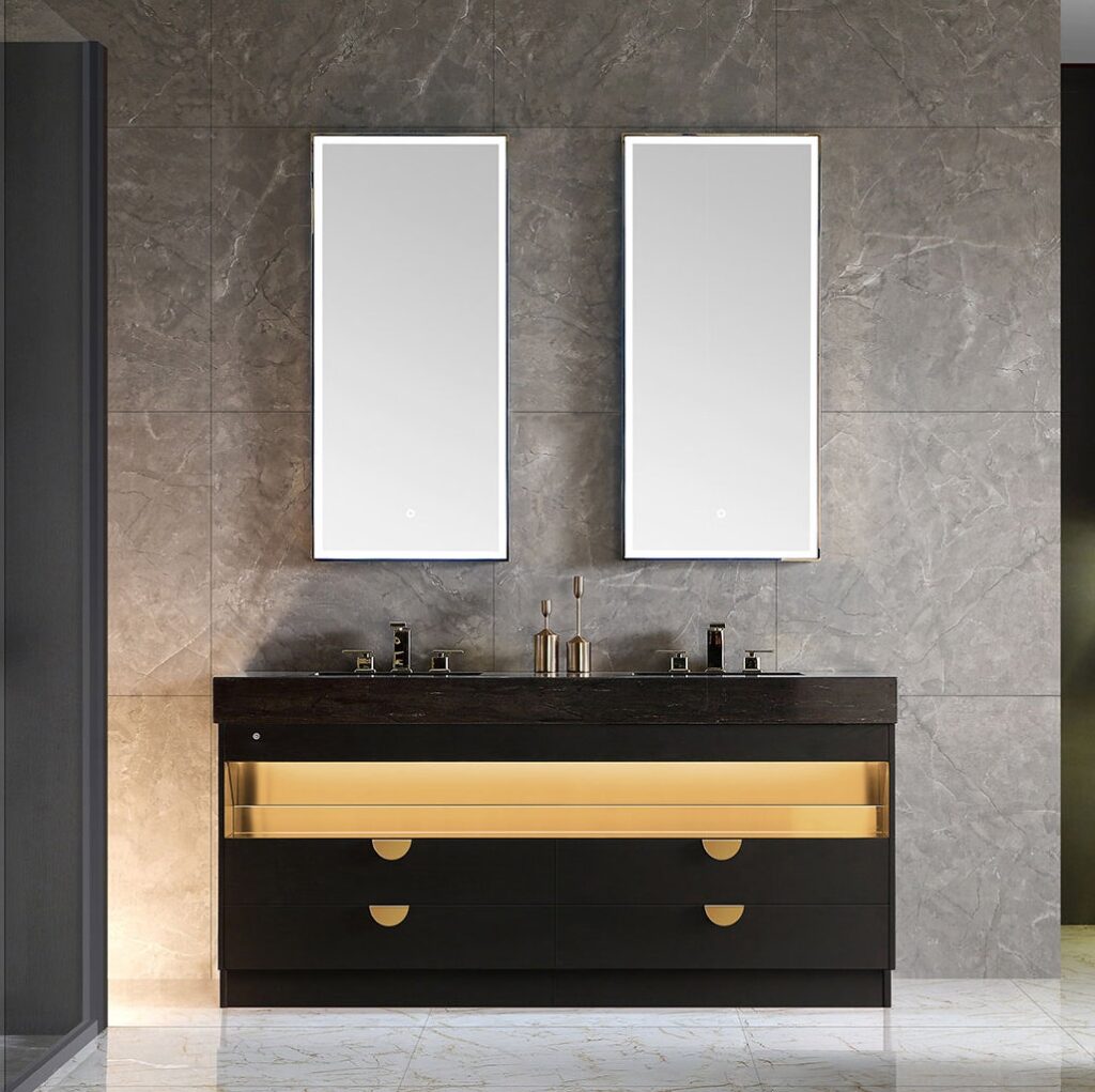 Double Sink Custom Design Solid Wood Freestanding Bathroom Vanity with Mirror and Under Ceramic Sink