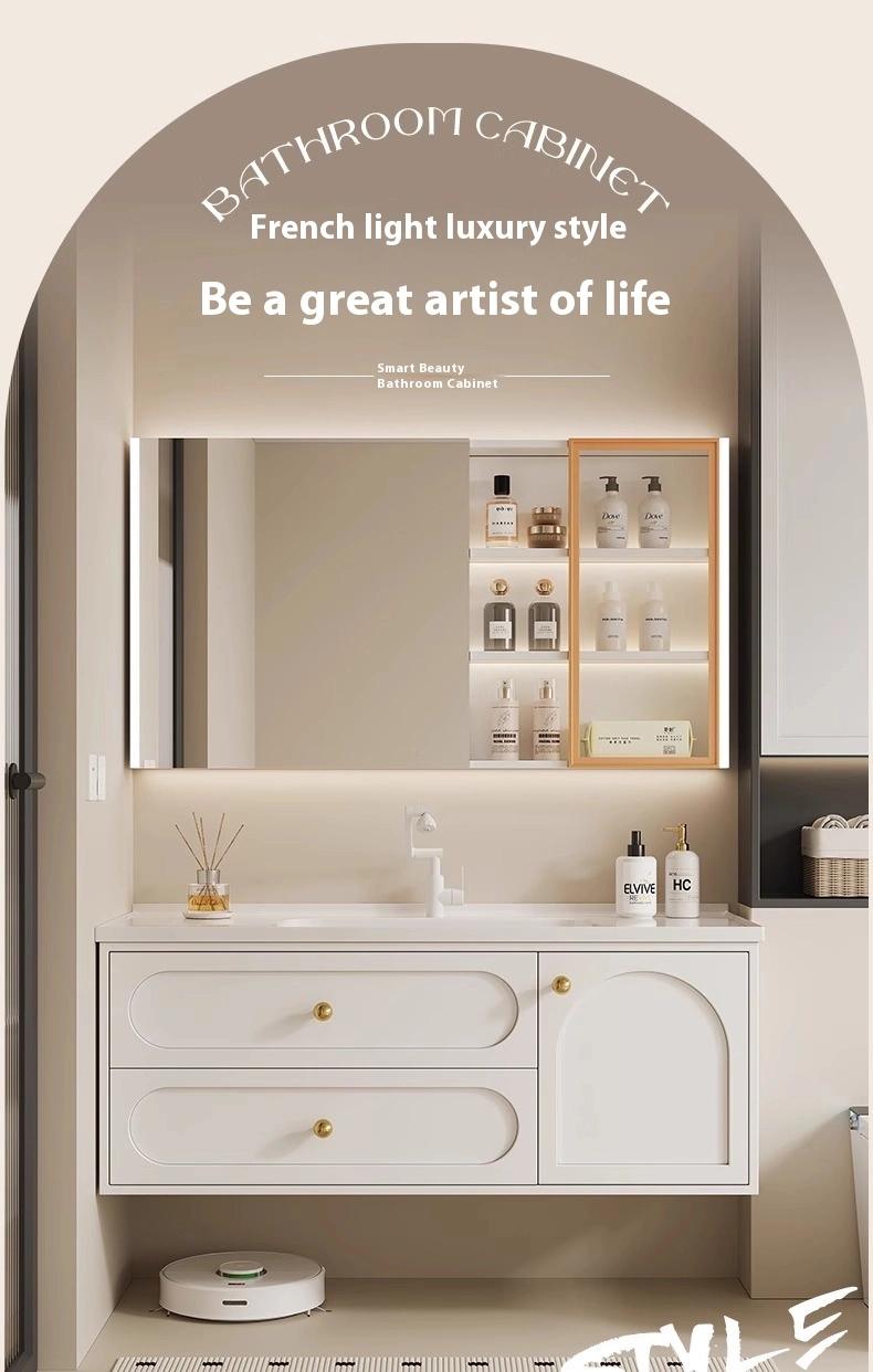 Elegantly curved drawer fronts and arched doors create a stunning focal point.