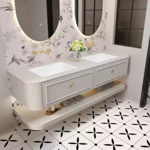 White Shaker Style Sintered Stone Surface Floating Bathroom Vanity with Mirror and Storage Shelf