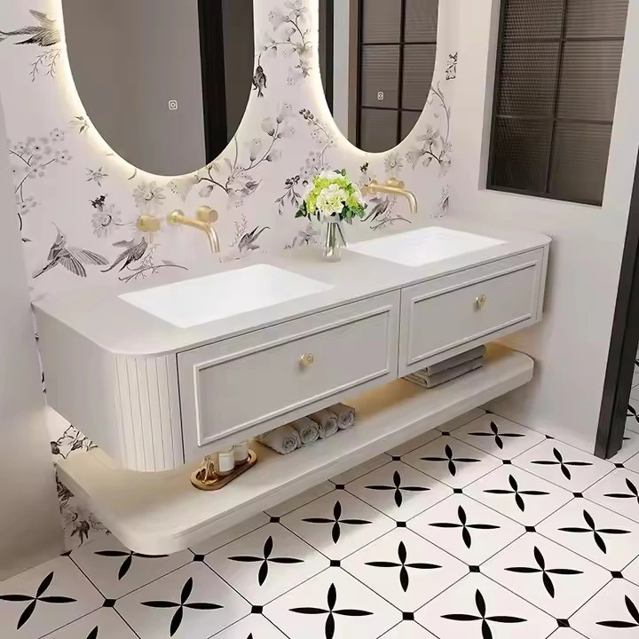 White Shaker Style Sintered Stone Surface Floating Bathroom Vanity with Mirror and Storage Shelf