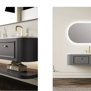 Double Drawers Shaker Style Sintered Stone Surface Floating Bathroom Vanity with Mirror and Storage Shelf
