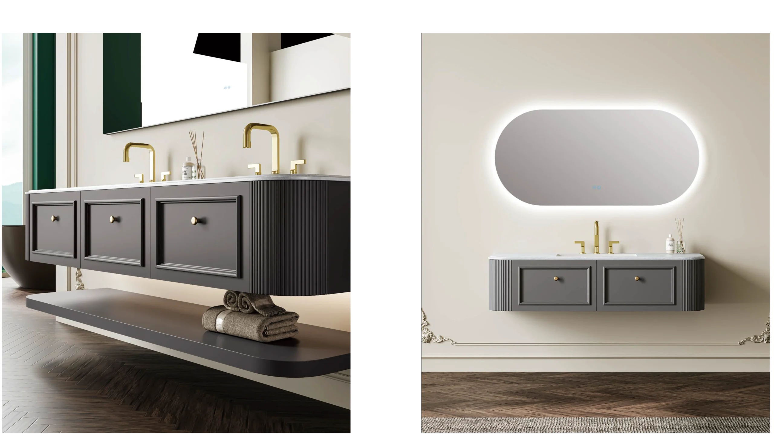 Double Drawers Shaker Style Sintered Stone Surface Floating Bathroom Vanity with Mirror and Storage Shelf