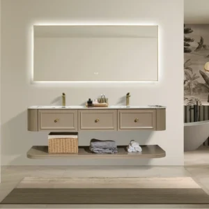 Gold Grey Shaker Style Sintered Stone Surface Floating Bathroom Vanity with Mirror and Storage Shelf