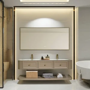 Real Shot Shaker Style Sintered Stone Surface Floating Bathroom Vanity with Mirror and Storage Shelf