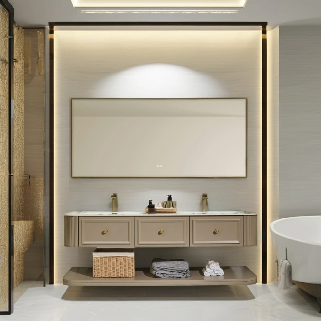 Real Shot Shaker Style Sintered Stone Surface Floating Bathroom Vanity with Mirror and Storage Shelf