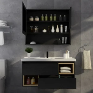 Ample Storage Modern Lacquer-free Board Countertop Ceramic Basin Bathroom Vanity with Drawers and Mirror