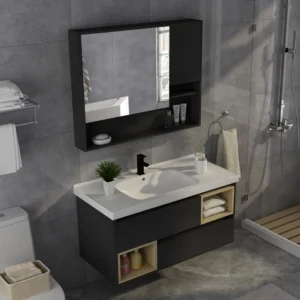 Black Mirror Cabinet Modern Lacquer-free Board Countertop Ceramic Basin Bathroom Vanity with Drawers and Mirror