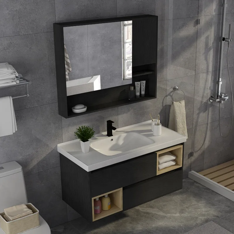 Black Mirror Cabinet Modern Lacquer-free Board Countertop Ceramic Basin Bathroom Vanity with Drawers and Mirror