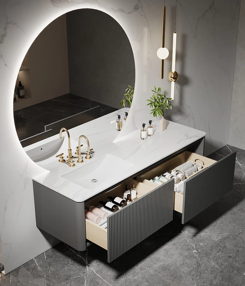 Bathroom cabinet interior display 2 New Luxury Design Hot Blending Integrated Basin Bathroom Vanity Set with LED Mirror