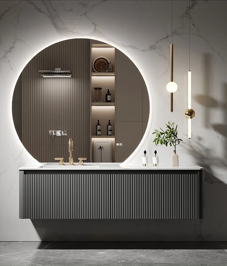 Light Grey New Luxury Design Hot Blending Integrated Basin Bathroom Vanity Set with LED Mirror Light Grey New Luxury Design Hot Blending Integrated Basin Bathroom Vanity Set with LED Mirror
