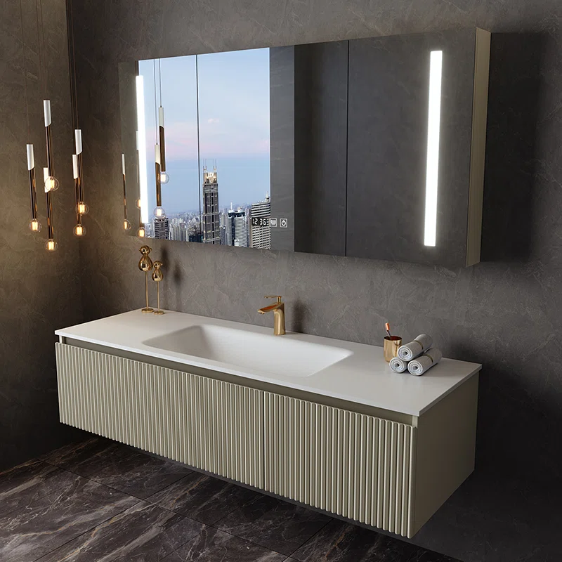 Beige striped bathroom cabinet panel New Luxury Design Hot Blending Integrated Basin Bathroom Vanity Set with LED Mirror