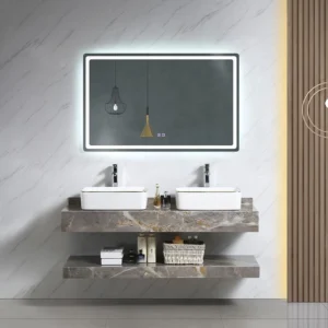 Modern wall mounted slate bathroom vanity with open storage