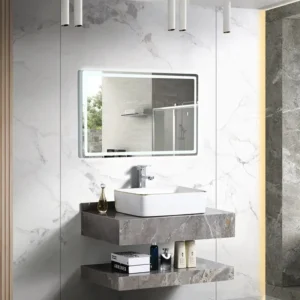 Modern wall mounted slate bathroom vanity with open storage and single bowl ceramic basin
