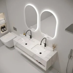 Modern white wall mounted stoneware ceramic basin with LED mirror - Premium bathroom vanity