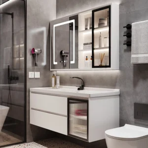 Modern luxury white bathroom vanity with LED mirror cabinet and extra storage space