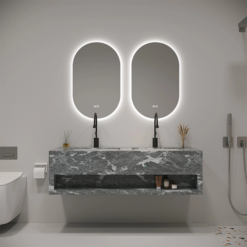 Modern Wall-Mounted Stone Ceramic Basin with LED Mirror - Premium Bathroom Vanity Sink