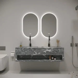 Gray Modern Wall Mounted Stoneware Ceramic Basin with LED Mirror - Premium Bathroom Vanity