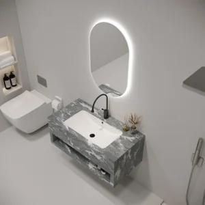 Modern wall mounted stoneware ceramic basin with LED mirror - dimensions for premium bathroom vanities