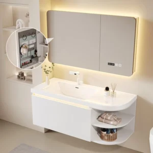 Premium wall-mounted bathroom vanity with integrated basin – mirror cabinet with ample storage space