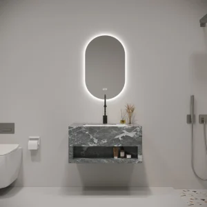 Gray Modern Wall Mounted Stoneware Ceramic Basin with LED Mirror - Premium Bathroom Vanity