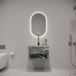 Modern wall mounted stoneware ceramic basin with LED mirror - Premium small size bathroom vanity