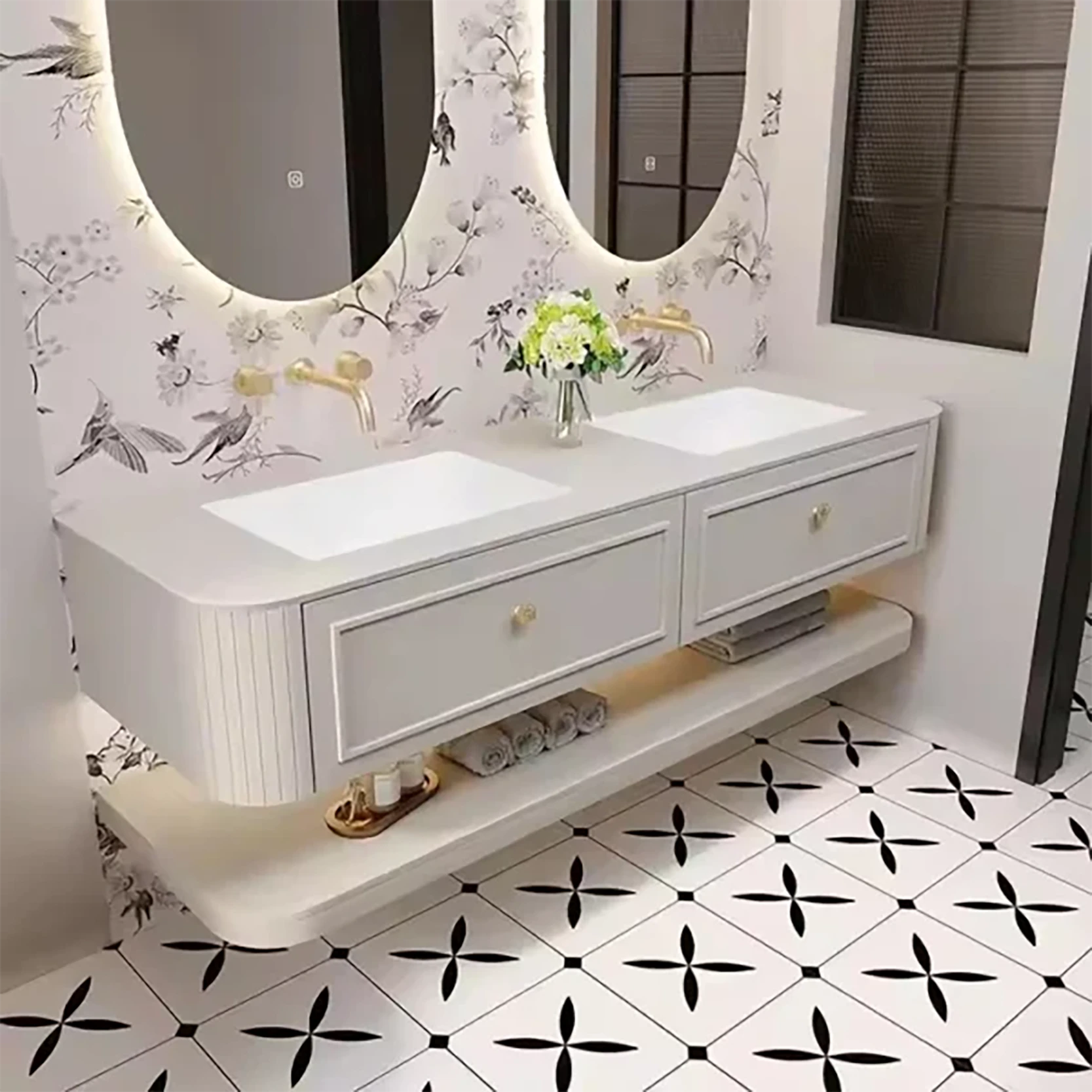 Wall-hung Shaker Style Sintered Stone Surface Floating Bathroom Vanity with Mirror and Storage Shelf