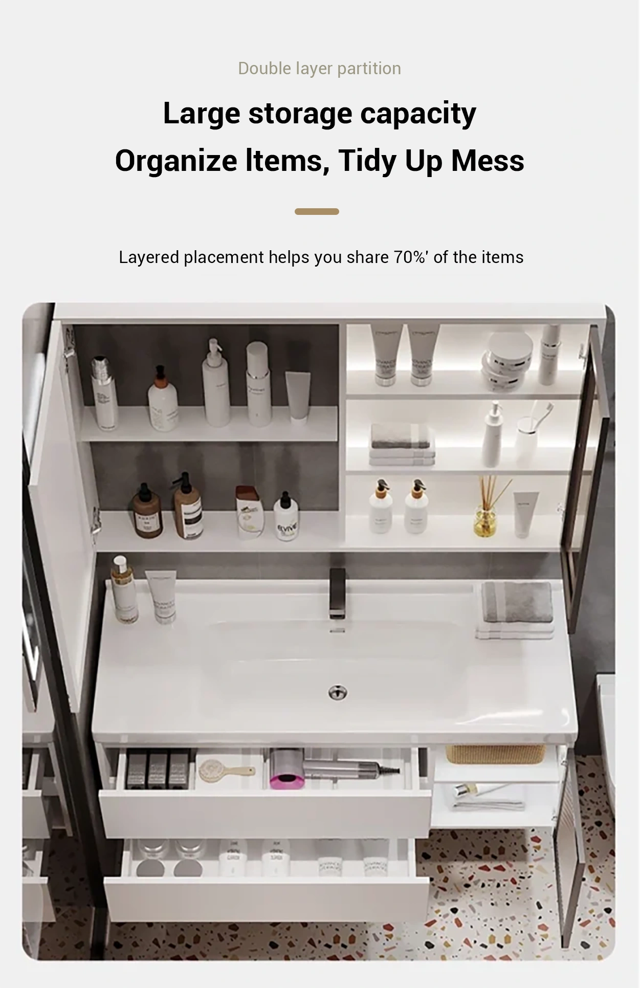 Smart Storage Solutions: - Double-layer partitioned storage - 70% increased storage capacity - Organized compartments - Drawer organization system - Semi-open glass side cabinet