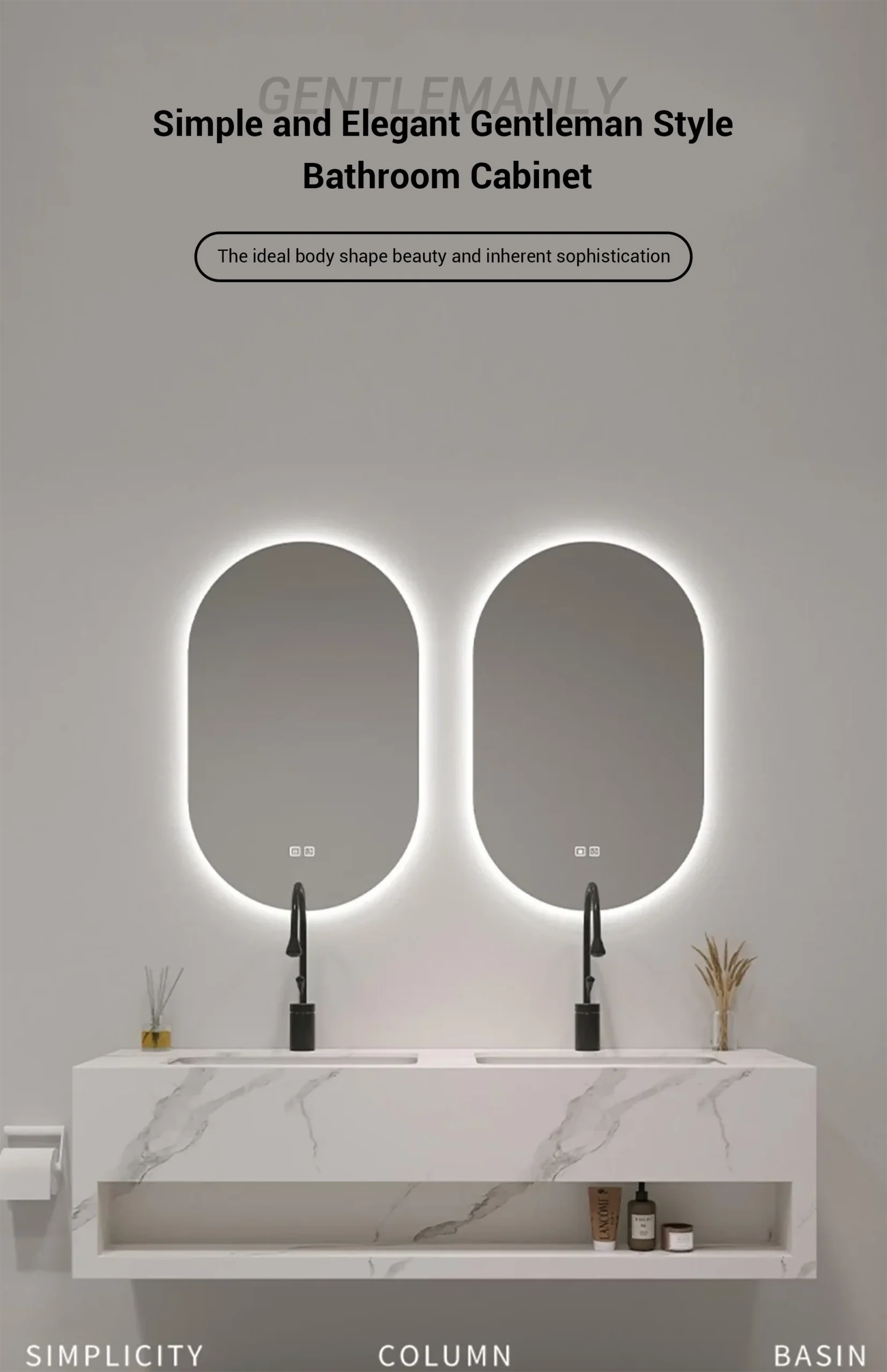 DESIGN & AESTHETICS - Modern minimalist wall-mounted design - Integrated LED backlit round mirror - Three stone pattern options to match different décor styles - Sleek floating appearance - Perfect for contemporary bathroom designs