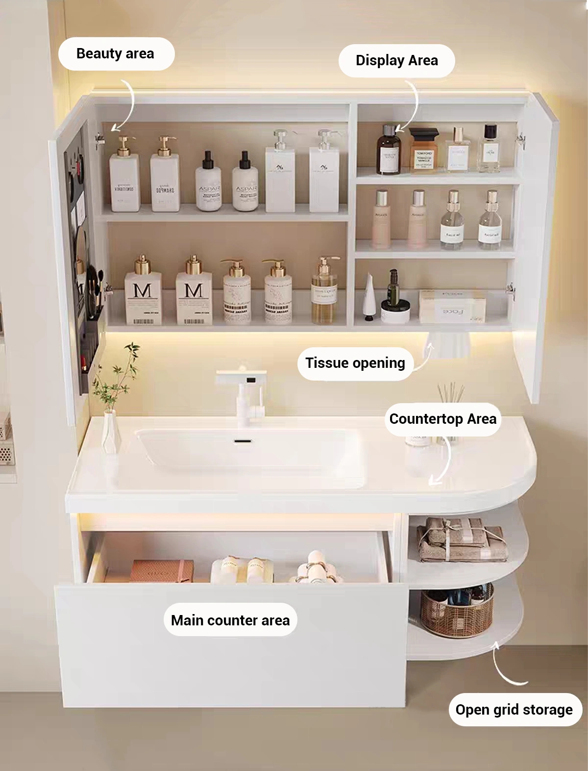 Package Includes: - Main cabinet unit - Integrated countertop - Hardware accessories - Mirror cabinet