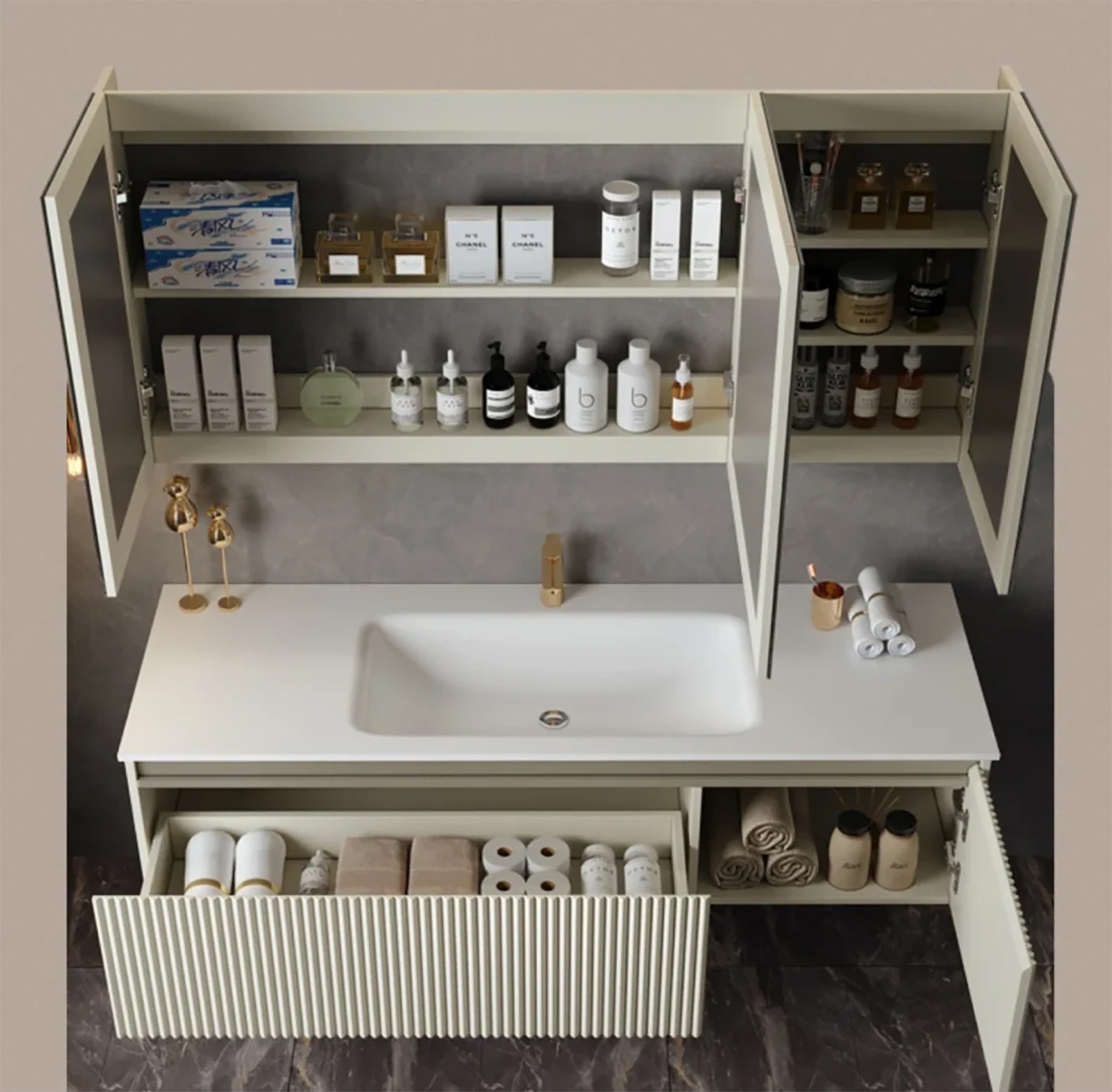 Large Storage New Luxury Design Hot Blending Integrated Basin Bathroom Vanity Set with LED Mirror