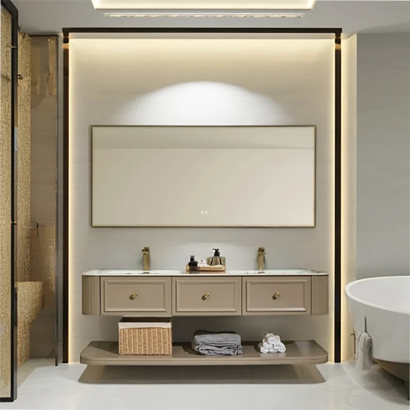 Versatile Look Shaker Style Sintered Stone Surface Floating Bathroom Vanity with Mirror and Storage Shelf