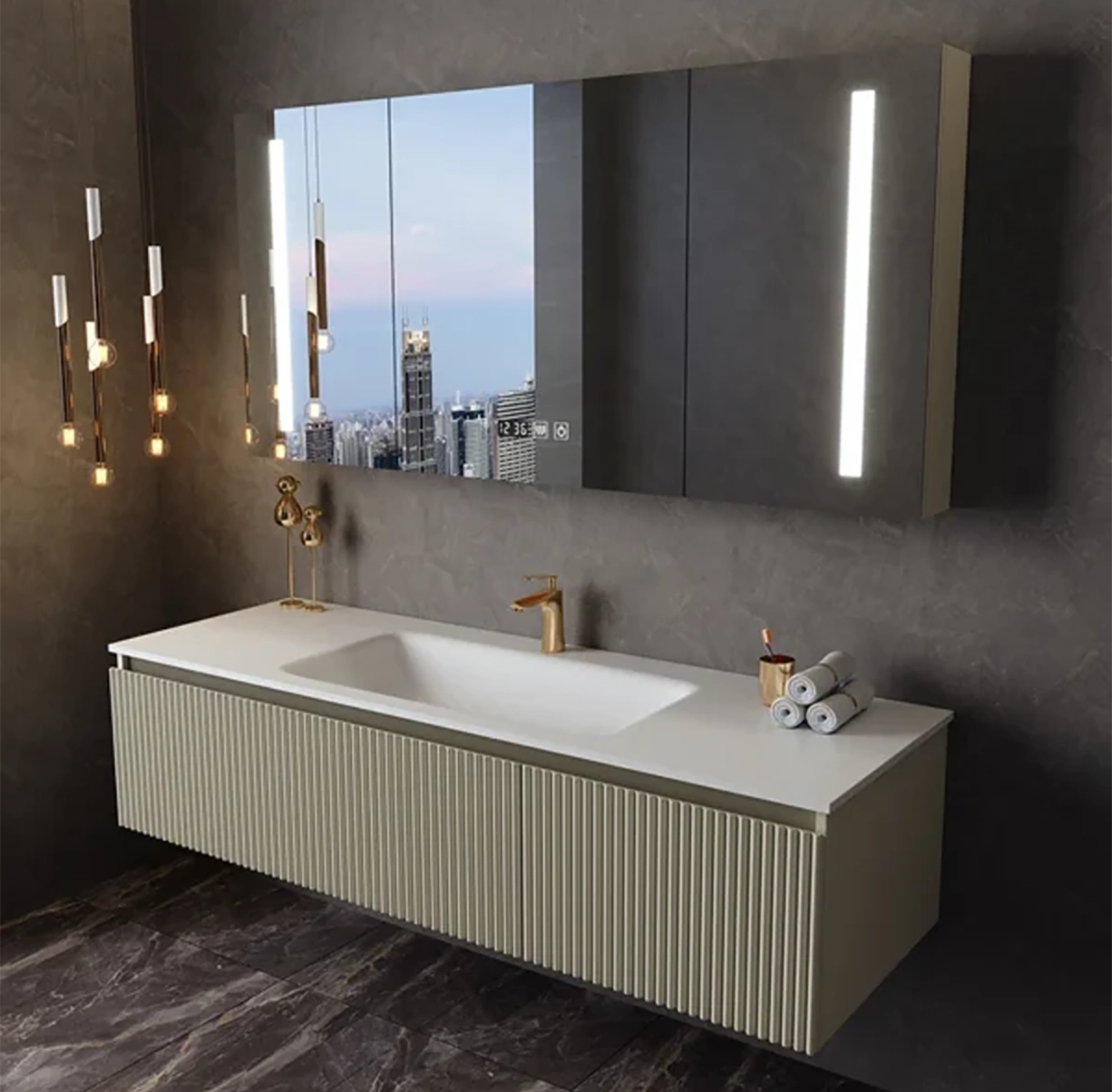 Seamless Design Large Storage New Luxury Design Hot Blending Integrated Basin Bathroom Vanity Set with LED Mirror