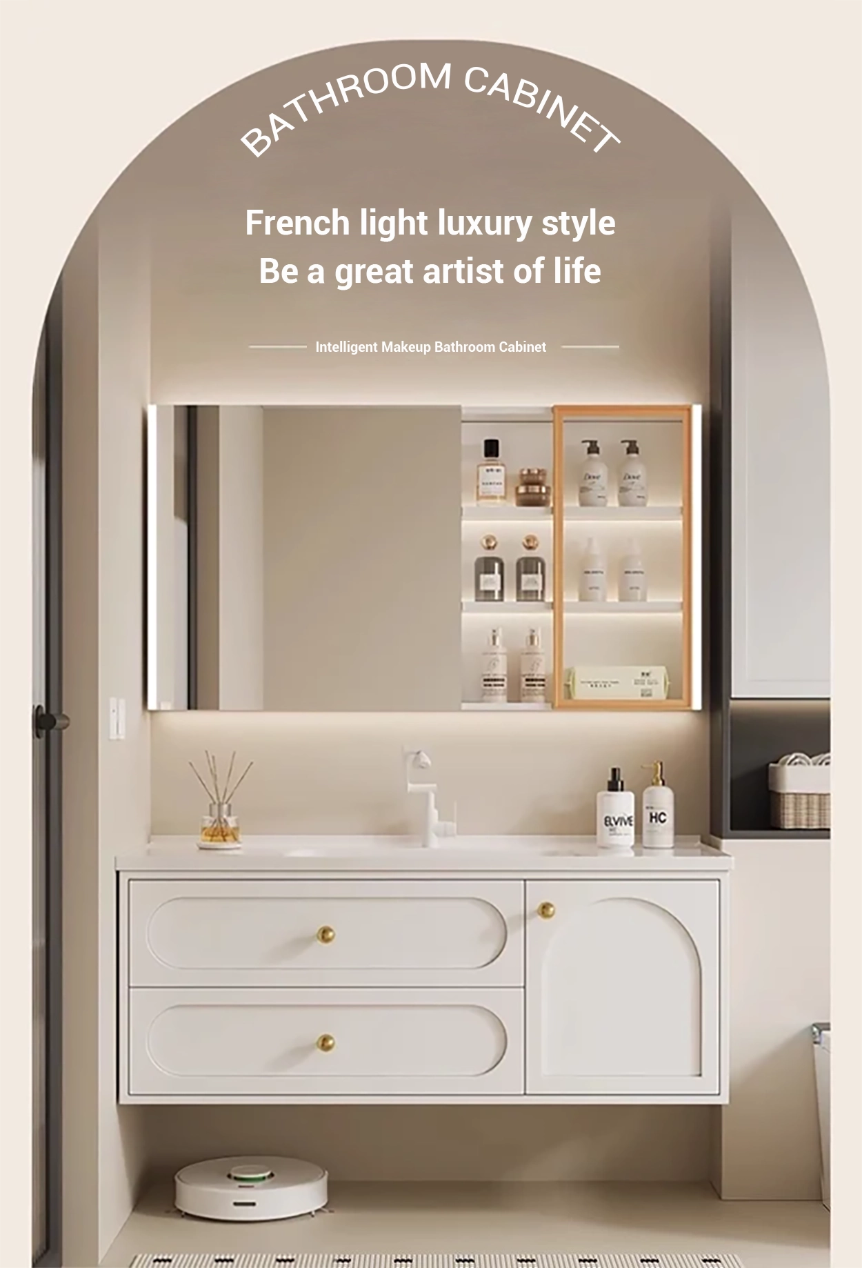 Elegantly curved drawer fronts and arched doors create a stunning focal point.