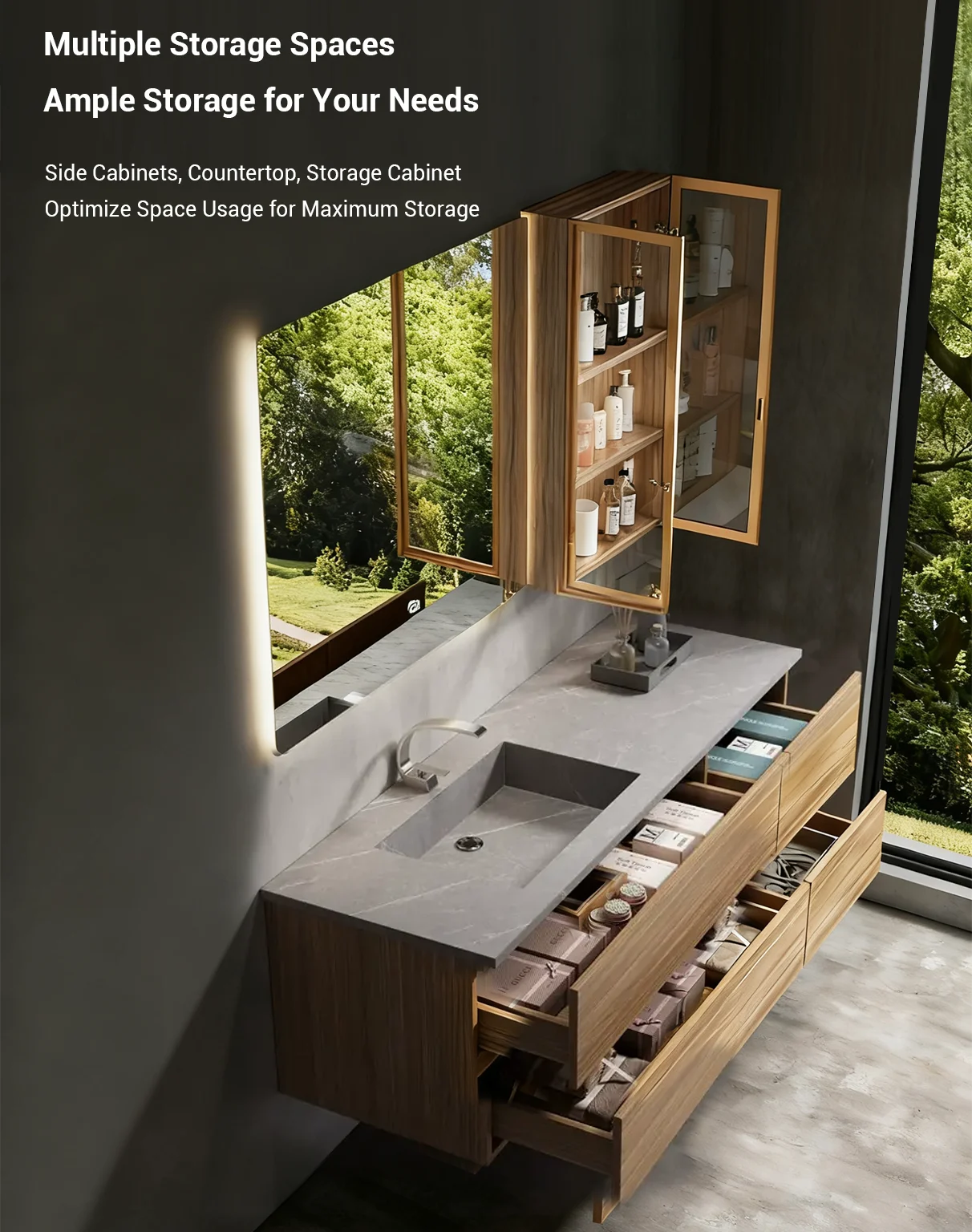 Construction Quality: - E0 grade multi-layer wood - Moisture-resistant materials - No-paint finish - Waterproof construction - Premium hardware fixtures