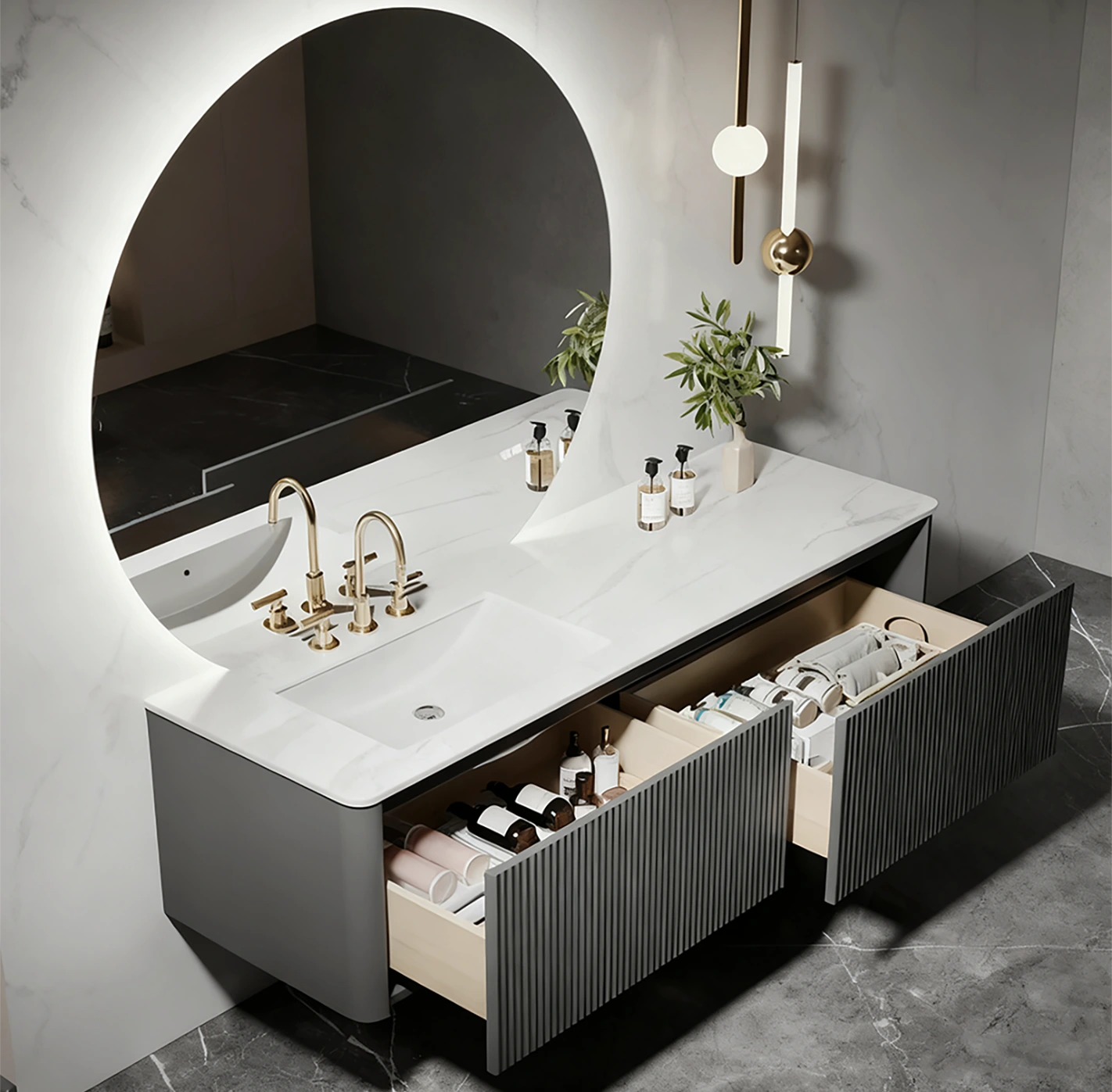 Wall-hung Large Storage New Luxury Design Hot Blending Integrated Basin Bathroom Vanity Set with LED Mirror