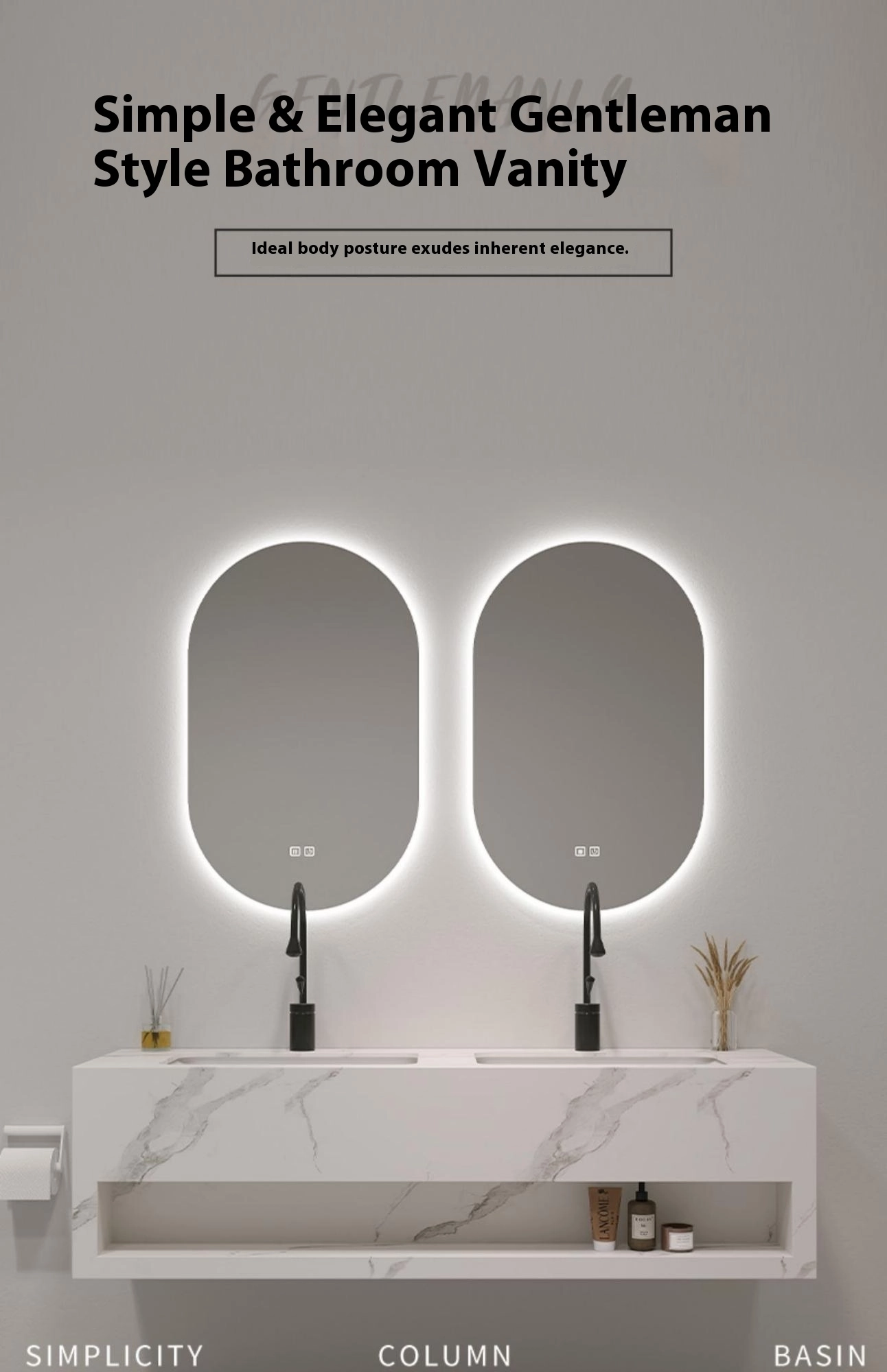 DESIGN & AESTHETICS - Modern minimalist wall-mounted design - Integrated LED backlit round mirror - Three stone pattern options to match different décor styles - Sleek floating appearance - Perfect for contemporary bathroom designs