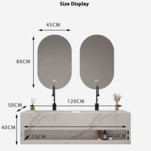 Modern wall mounted stoneware ceramic basin with LED mirror - dimensions for premium bathroom vanities