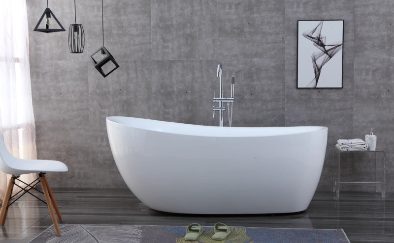 Oval OMQ-91725 Freestanding Acrylic Bath Tub Spacious Interior Comfort Curve Backrest for Full-Body Relaxation