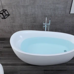 Sleek OMQ-91725 Freestanding Acrylic Bath Tub Spacious Interior Comfort Curve Backrest for Full-Body Relaxation