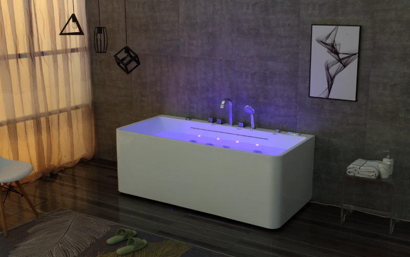 Purple Light OMQ-91760 Freestanding Massage Bathtub Elegant Design with Powerful Jet System and Anti Slip Base