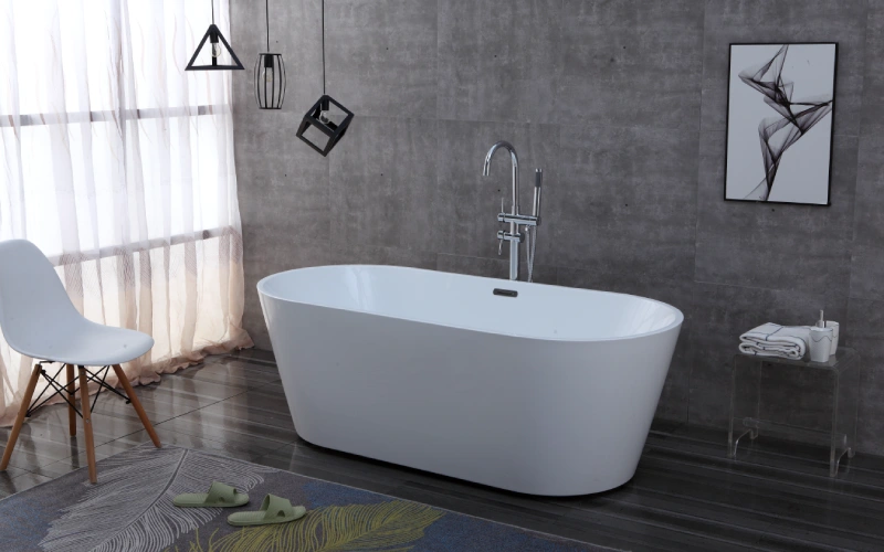 Oval OMQ-91726 Luxury White Freestanding Soaking Bathtub Durable Acrylic Deep Tub for Bathroom Remodeling