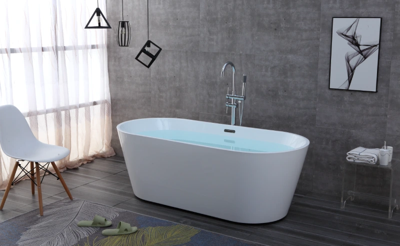 Left Side OMQ-91726 Luxury White Freestanding Soaking Bathtub Durable Acrylic Deep Tub for Bathroom Remodeling