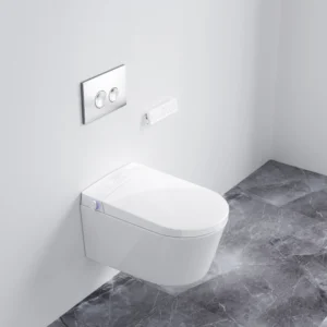 White compact wall-mounted smart toilet with built-in water tank and automatic switch