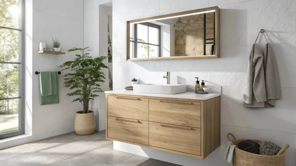 Solid wood is an ideal choice for bathroom vanities. It offers optimal structural strength and a premium appearance.