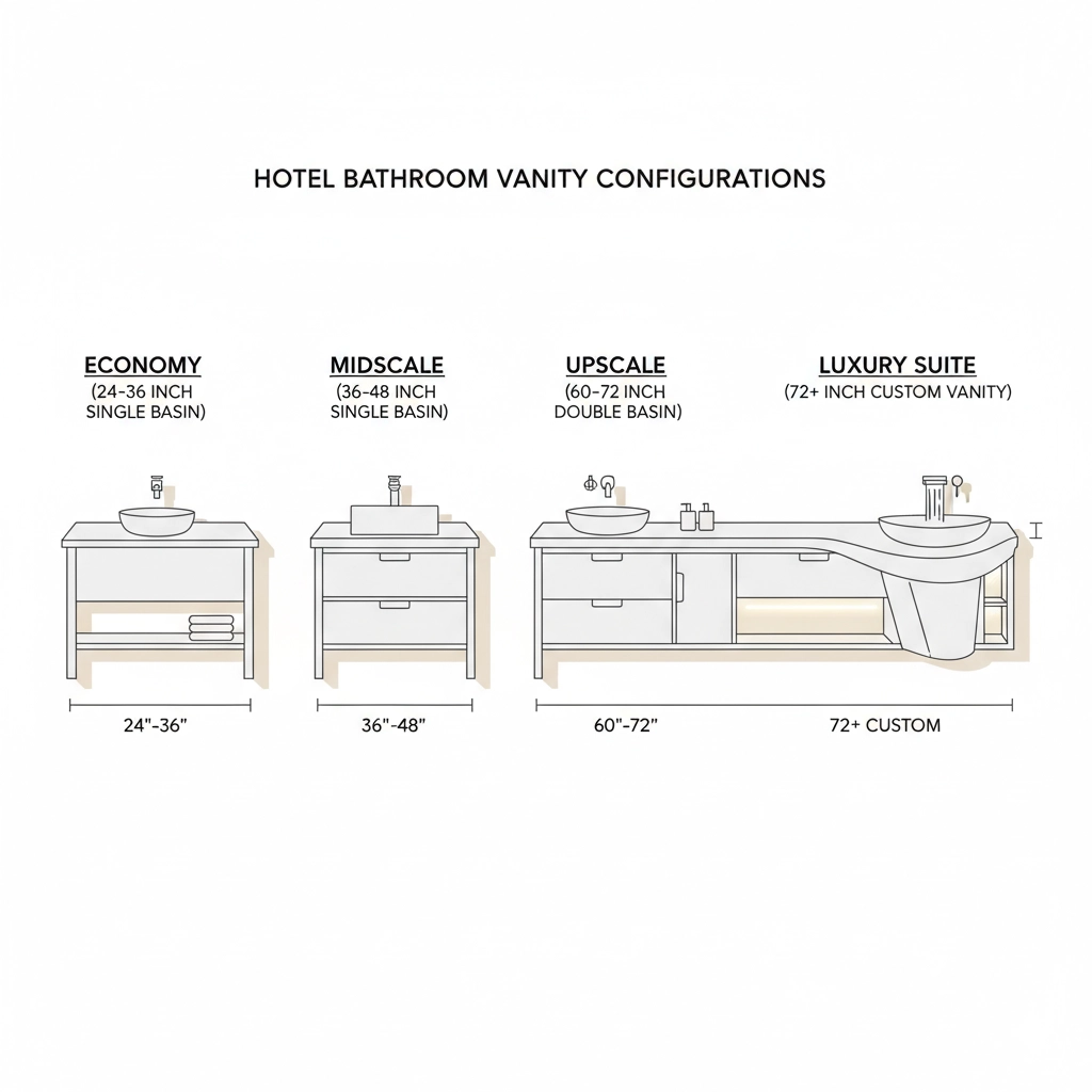 Budget hotels: 24-36 inches, balancing cost and space. Mid-range hotels: 36-48 inches, balancing comfort and value. Upscale hotels/resorts: 60-72 inches, with double sinks. Suites and villas: Custom widths, 72 inches and above, for a luxurious experience.